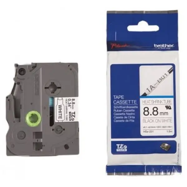 Brother P-Touch HSe-221-Tape 9MM Beyaz Üzerine Siyah Isı İle Daralan Laminasyonlu Etiket