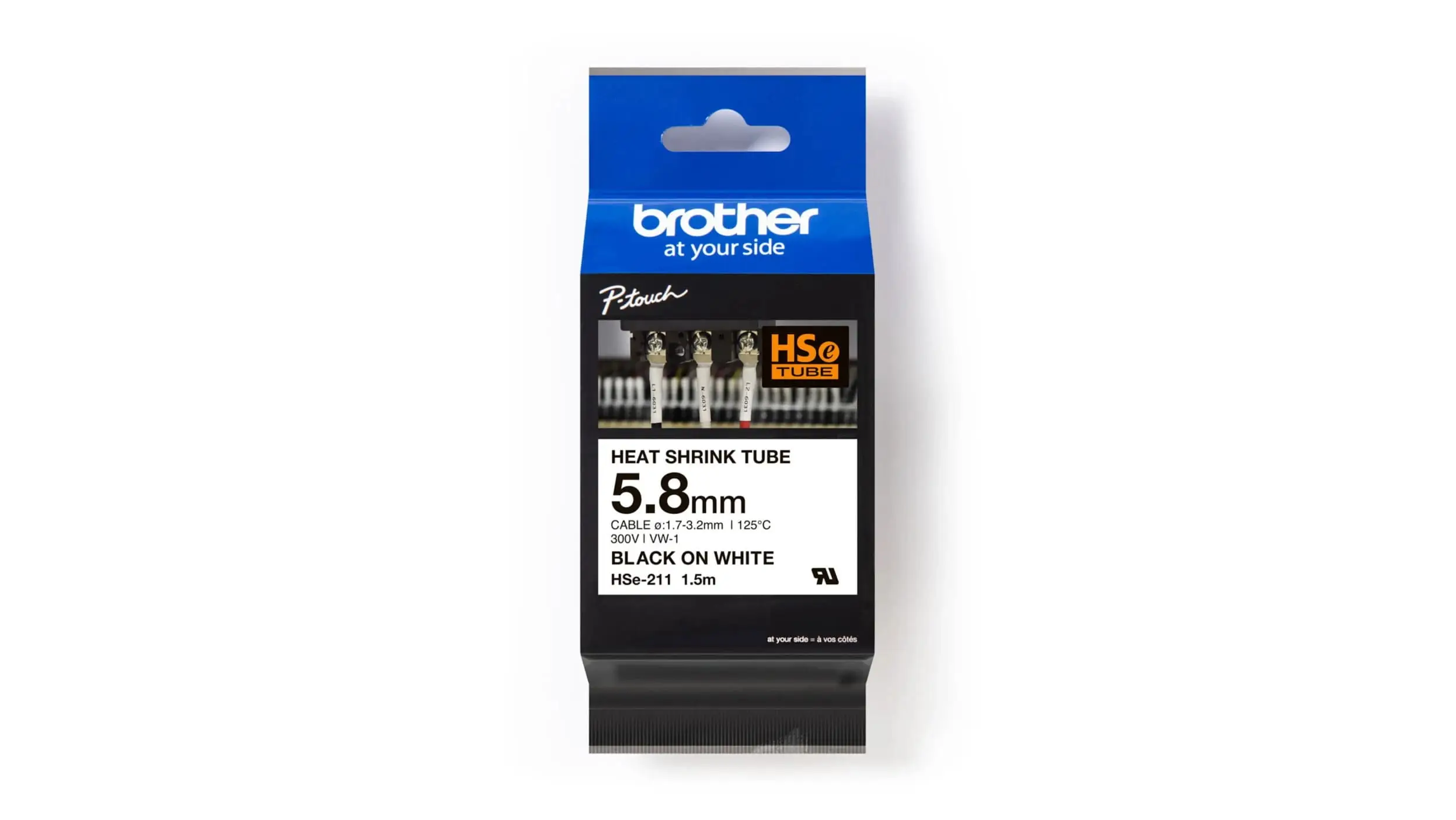 Brother P-Touch HSe-211 Isıyla Daralan Makaron – 5.8 mm Siyah Üzeri Beyaz