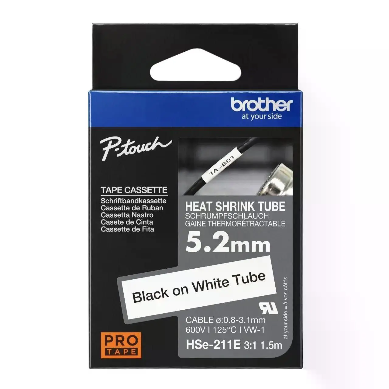Brother P-Touch HSe-211E Isı ile Daralan Makaron – 5.8 mm Beyaz Üzeri Siyah