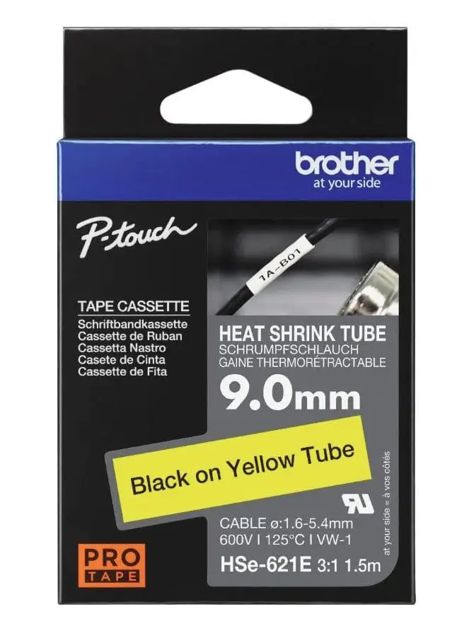 Brother P-Touch HSe-621E Isı ile Daralan Makaron – 9 mm Siyah Üzeri Sarı